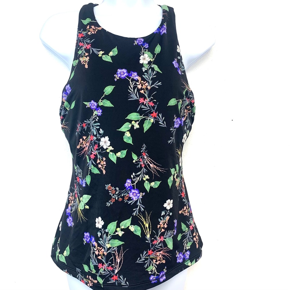 Athleta Floral High Neck Tankini Swim Top Black 36D/DD Underwire Racerback‎